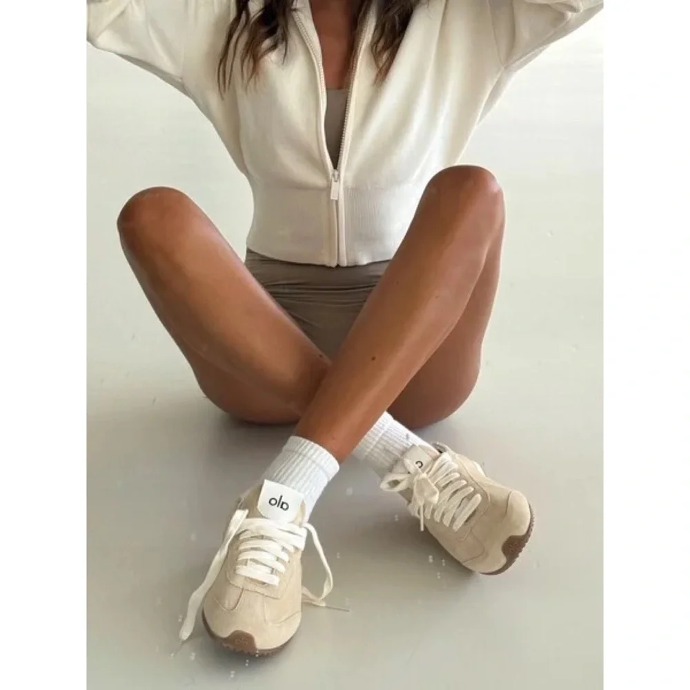 Alo Yoga Scholar Knit Cropped Full Zip Jacket Ivory XS